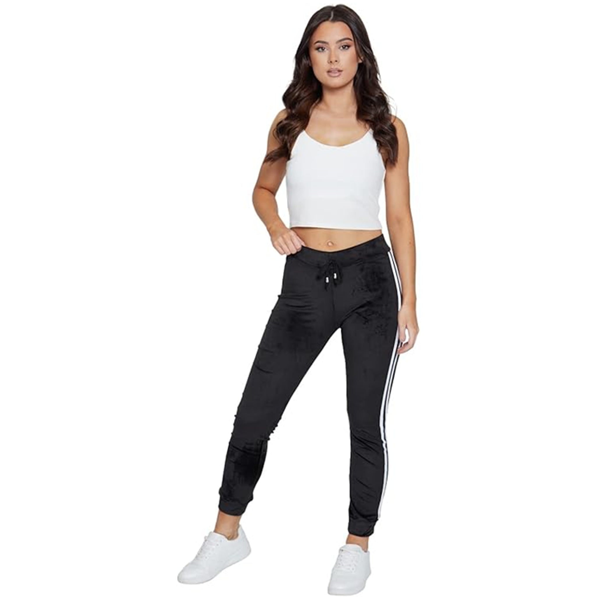 Ladies velour bottoms soft lounge joggers with side stripes in black